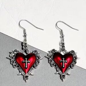 🔥10 for $100🔥 Red Sacred Heart Cross Dangle Earrings whimsigoth grunge